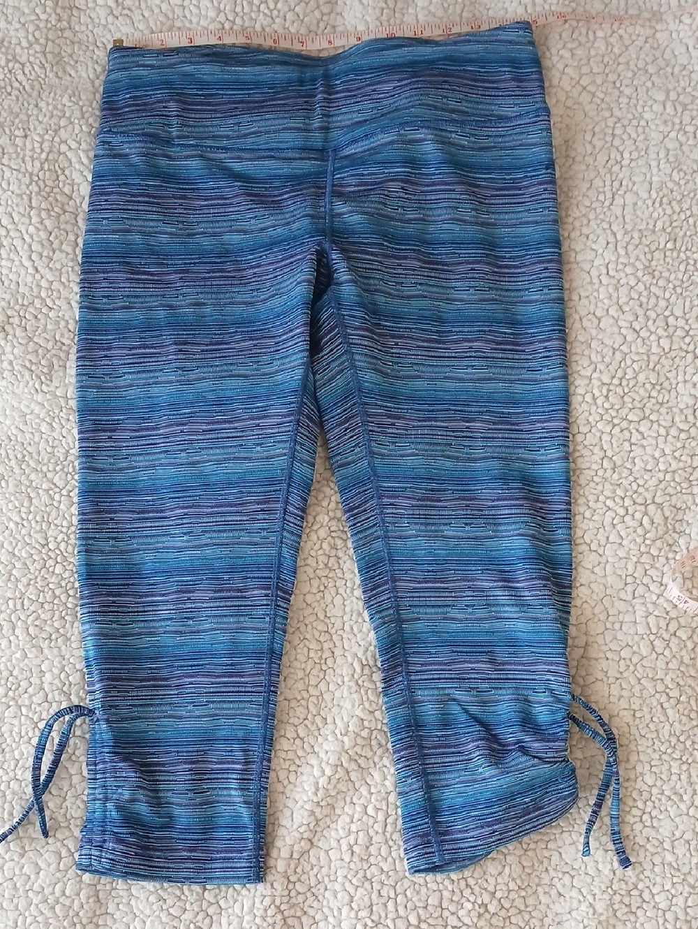 Moving Comfort Blue Multi-Striped Capri Leggings with Side Ties
